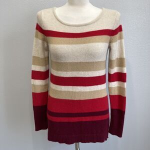 Athleta Women's Sweater Small Beige Red Maroon 100% Cashmere Striped